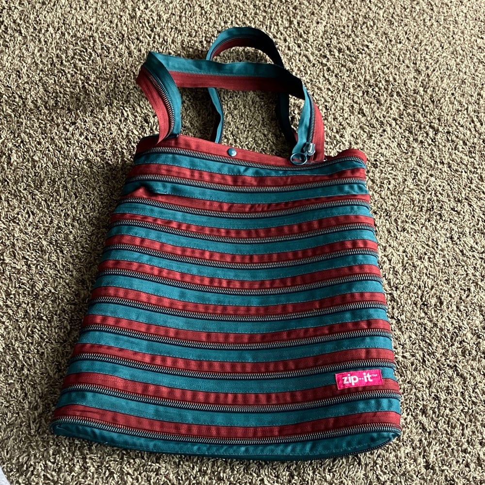 Zip-It Striped Tote Bag - Teal and Burgundy